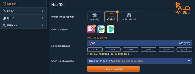 Chọn ví điện tử, số tiền nạp và khuyến mãi
